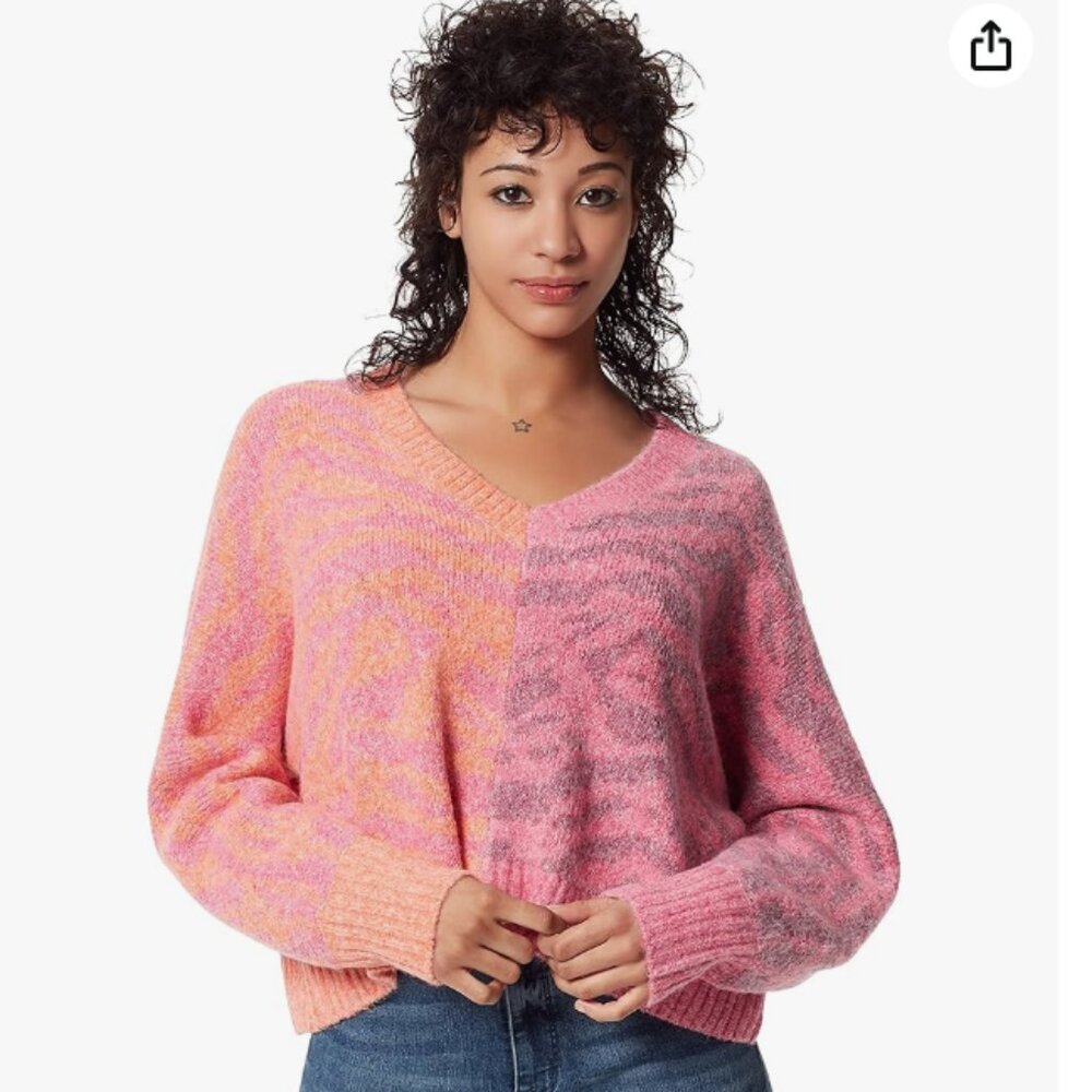 NWOT Circus NY Boxy Oversized V-Neck Animal Print Sweater Size S/M Pink Orange - Picture 1 of 16